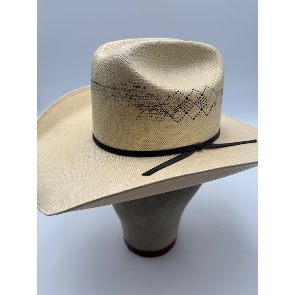 Larry Mahan Cowboy Hat Men 6 3/4 Cream Good Woven Straw Western Cattleman Crease